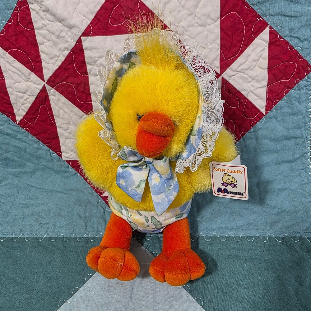 A&A Plush Soft N Cuddly Yellow Duck Stuffed Animal 8" Plush Floral Bonnet Diaper